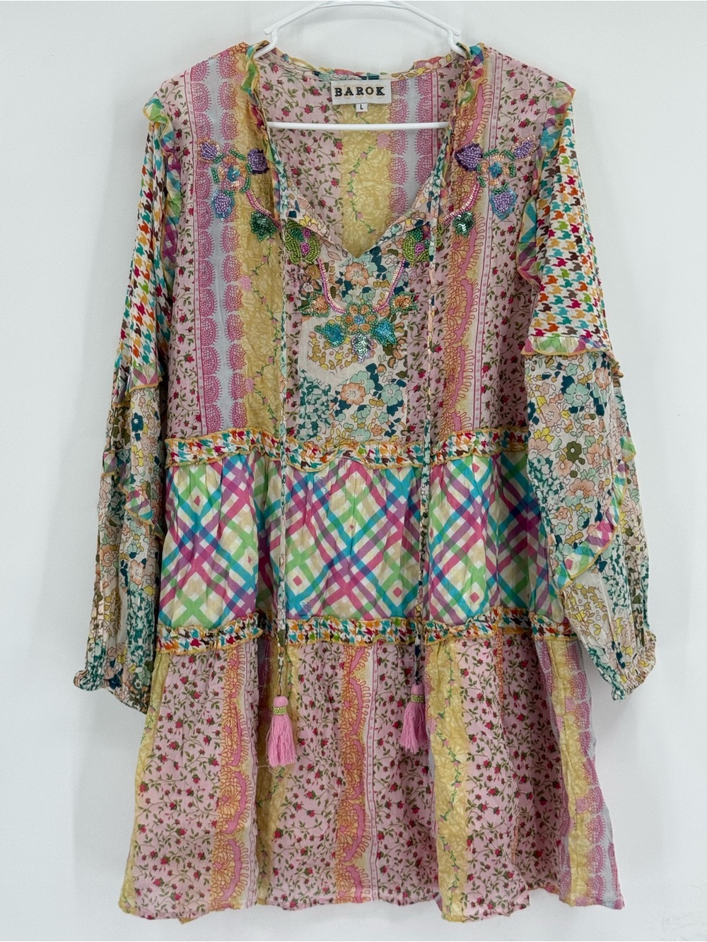 Barok Gypsy Boho Folk Patchwork Fall Jewel Tone Long Sleeve Mini Beaded Dress L